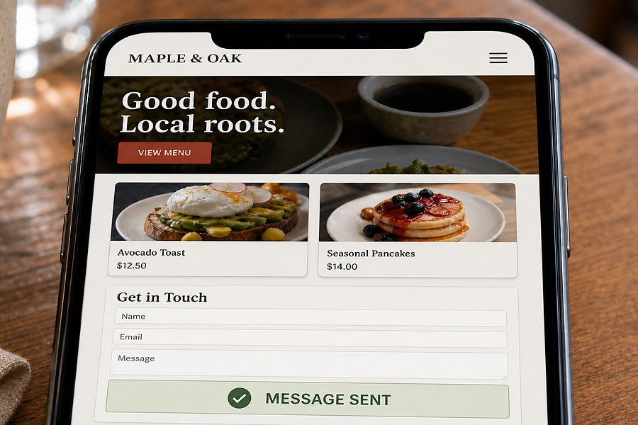 The same restaurant website after repair: a collapsed menu, correctly fitted layout, and a confirmed contact form submission