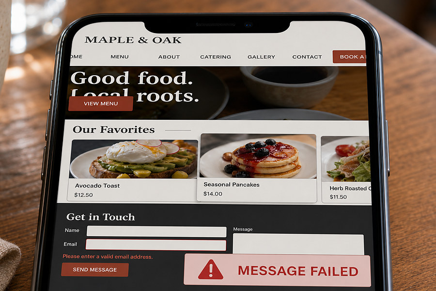 A restaurant website on a phone before repair: navigation overflowing the screen, overlapping headline text, and a failed contact form